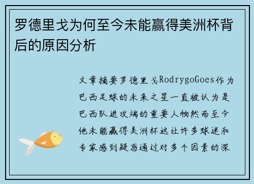 罗德里戈为何至今未能赢得美洲杯背后的原因分析