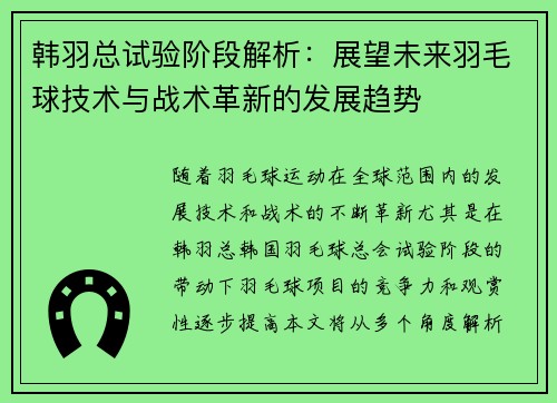 韩羽总试验阶段解析：展望未来羽毛球技术与战术革新的发展趋势