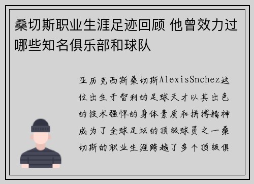 桑切斯职业生涯足迹回顾 他曾效力过哪些知名俱乐部和球队
