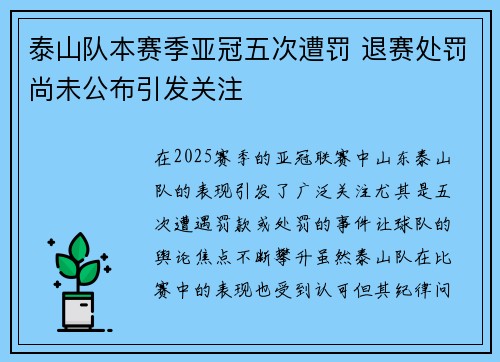 泰山队本赛季亚冠五次遭罚 退赛处罚尚未公布引发关注